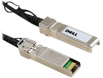 Dva SFP-transceiver modula s natpisom 'Dell', povezana crnim kabelom, za prijenos podataka u mrežama.