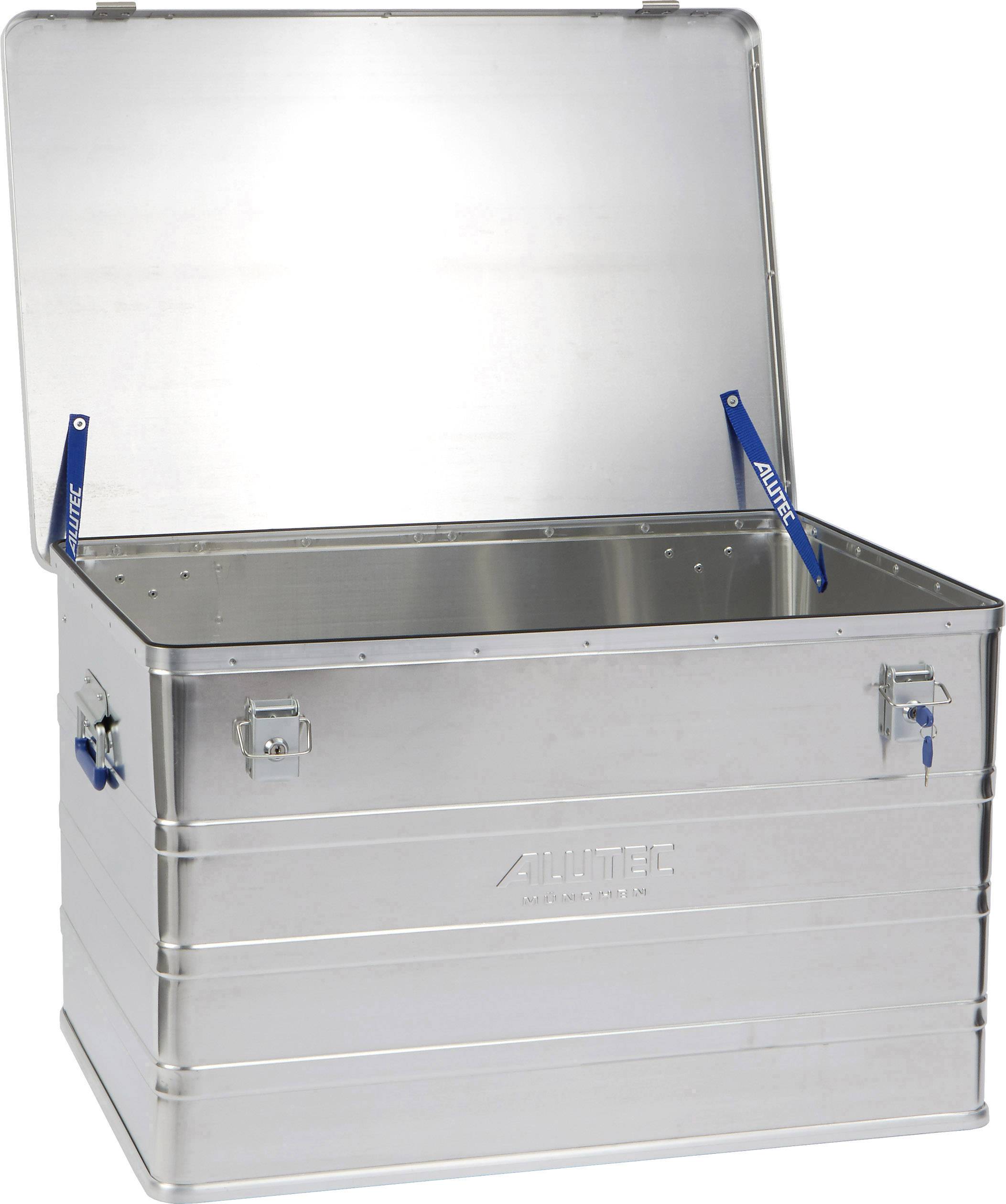Otvoreni srebrni aluminijski kofer s plavim šarkama, pogodan za sigurno čuvanje alata ili materijala.