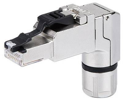 RJ45 utikač s ekranom i kutnim dizajnom, pogodan za Ethernet povezivanje u prostorno ograničenim sredinama.