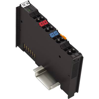 Crni elektronički modul za ugradnju na DIN šinu s raznim obojenim priključnim stezaljkama.