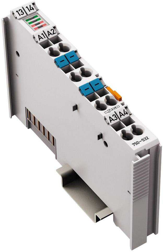 Elektronički modul s više priključaka i klemama kodiranim bojama. Označen oznakom '750-532'. Pogodan za industrijske primjene.