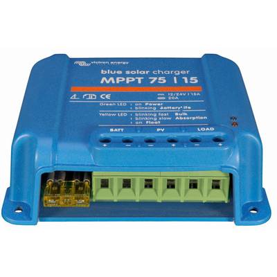 Solarni regulator punjenja u plavoj boji od Victron Energyja, model MPPT 75/15, za 12/24V sustave. Prikazuje priključne stezaljke i LED indikatore.
