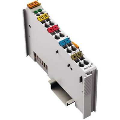 Elektronički modul s više priključaka označenih različitim bojama, opremljen natpisom '750-410', montiran na DIN šinu.