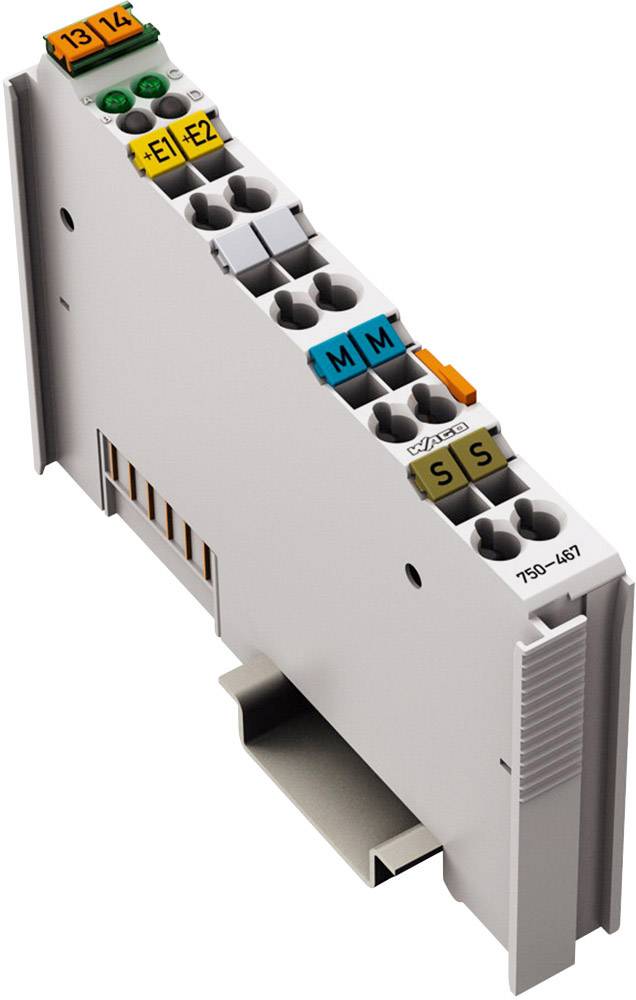 Elektronički component s više barvno kodiranih priključnih stezaljki, označenih natpisima poput '13', '14', 'E1', 'E2', pogodan za montažu na DIN šinu.