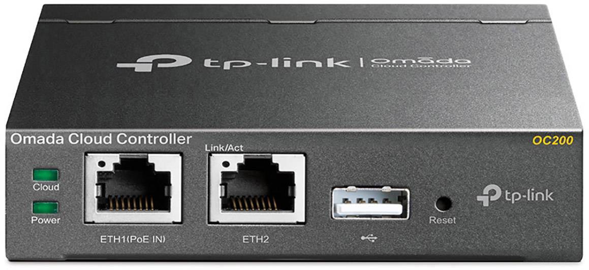 Crni TP-Link Omada Cloud Controller model OC200 s dva Ethernet porta i USB priključkom, LED indikatorima za cloud i napajanje.