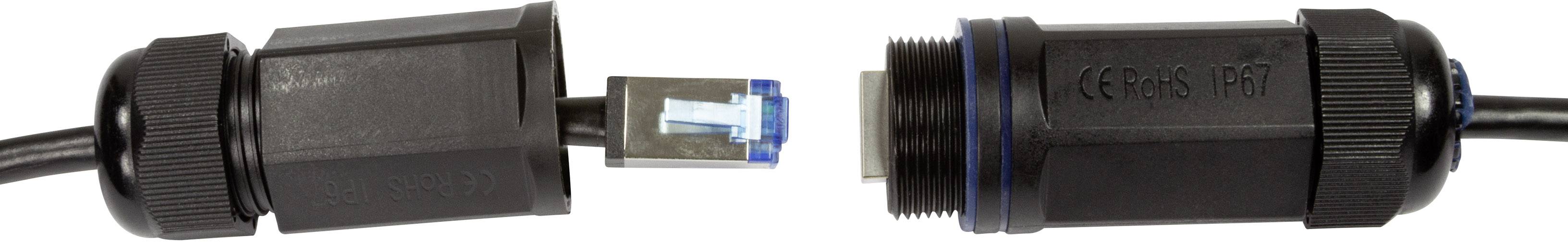 Dva vodootporna ethernet kabela spojena konektorima, razmaknuta međusobno, na bijeloj pozadini.