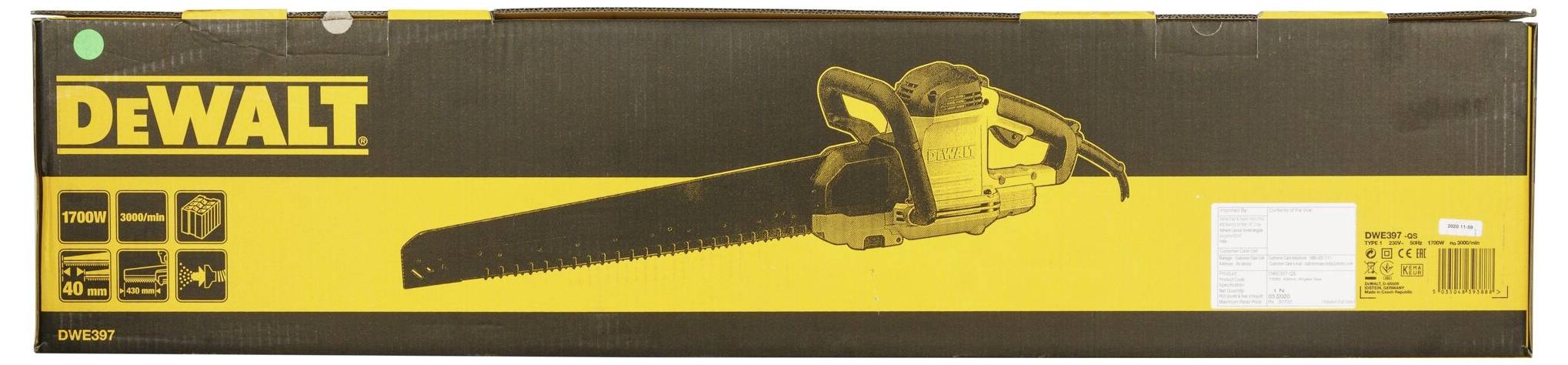 Upakirana električna motorna pila marke DeWalt. Ambalaža prikazuje sliku pile i nekoliko tehničkih specifikacija.