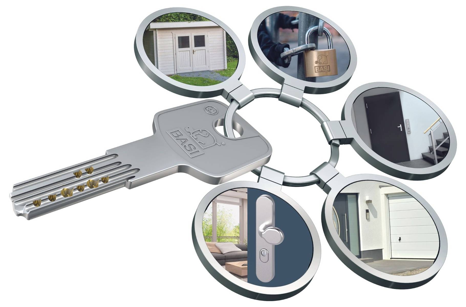 Srebrni ključ s pet povezanih kružnih slika koje prikazuju razne osigurane vrate i brave, ilustrirajući sigurnosna rješenja.