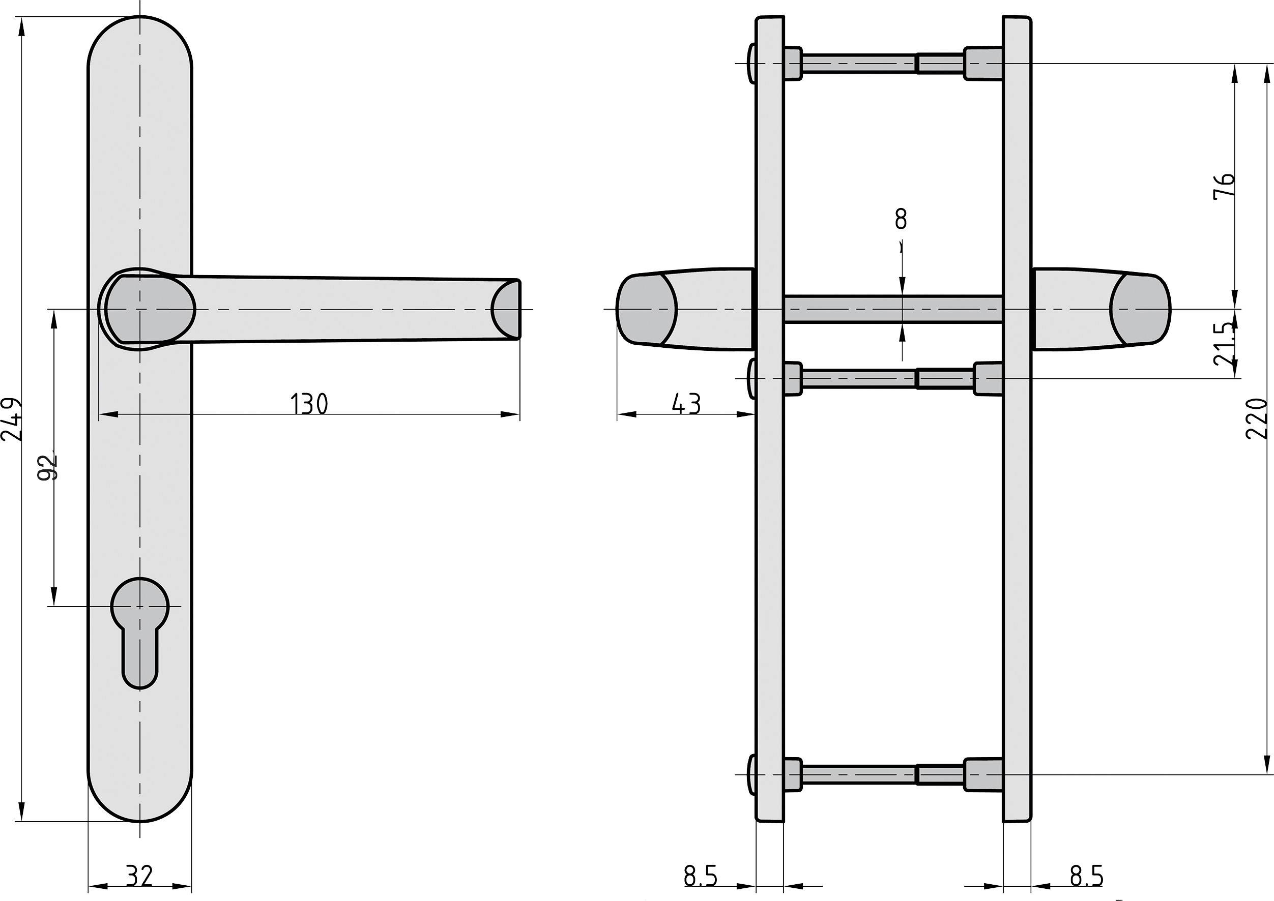 Tehnički nacrt brave za vrata koji prikazuje dimenzije kvake, ključanice i razmaka između vijaka.