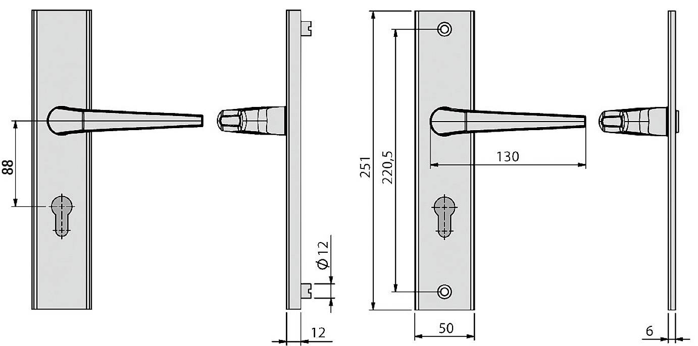 Tehnički nacrt kvake vrata s mjerama: ukupna duljina 251 mm, ručka 130 mm, udaljenost od ruba 50 mm.