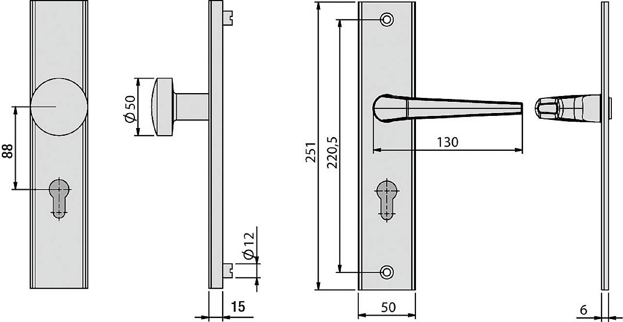 Tehnički nacrt dva modela kvake za vrata s detaljnim mjerama: navedene su duljine, širine i promjeri.