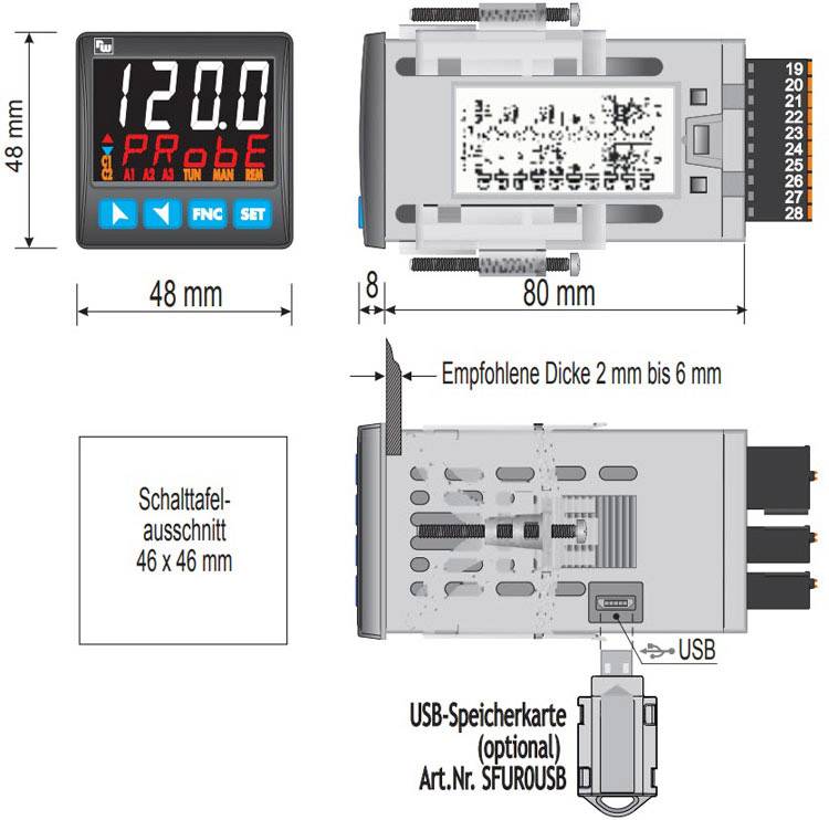 Digitalni regulator temperature s dimenzijama: 48x48 mm zaslon, ukupna dužina 80 mm. USB priključak dostupan. Veličina ugradbene ploče: 46x46 mm. Opcionalni USB priključak za memorijsku karticu.