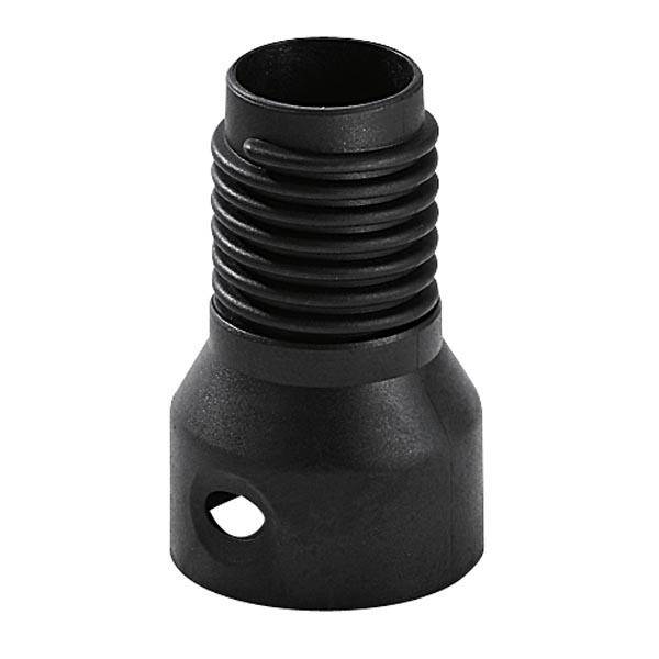 Crni, cilindrični adapter sa strukturiranim vratom i rupama na donjoj strani, vjerojatno napravljen od plastike ili metala.