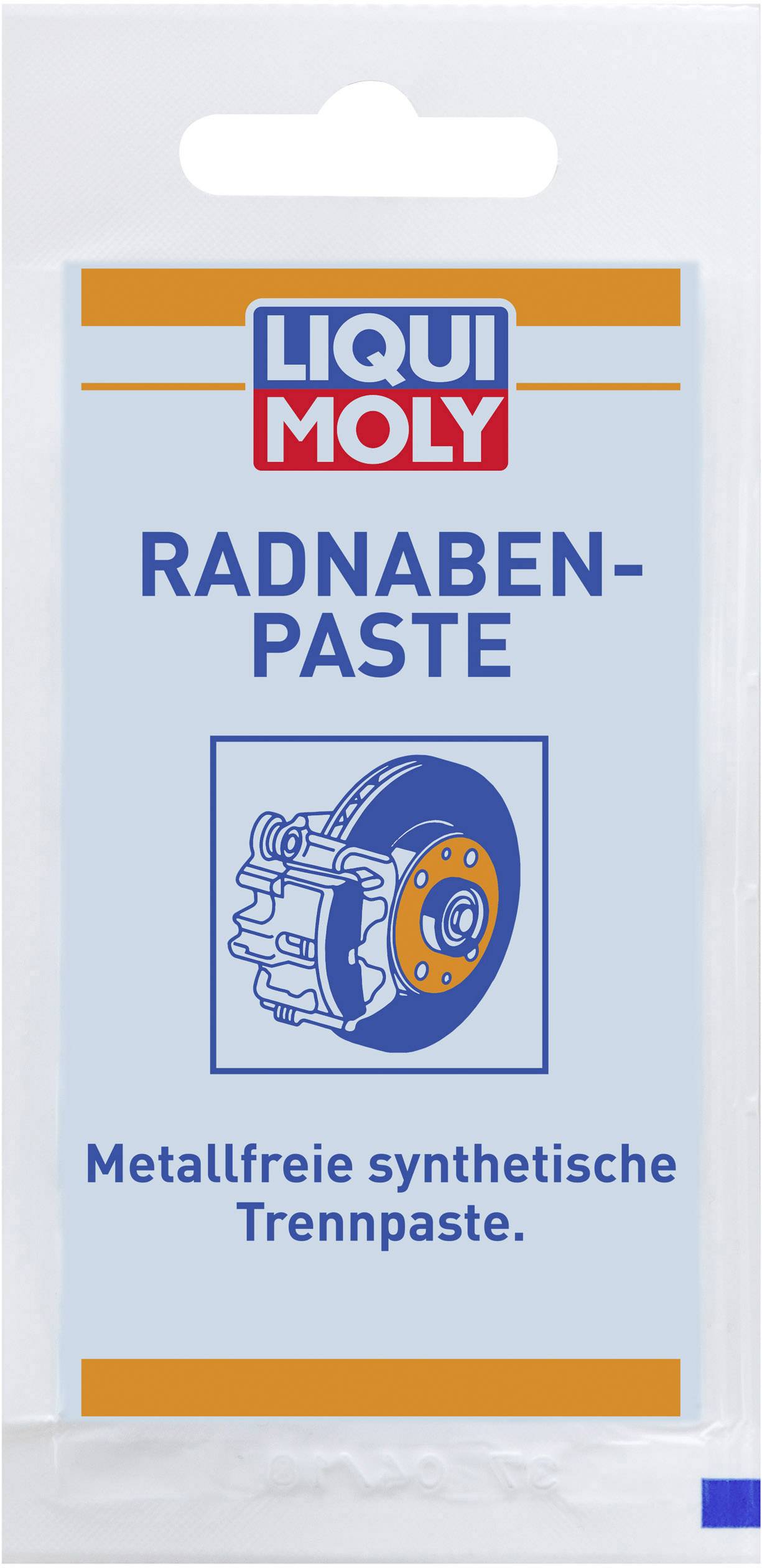 Ambalaža Liqui Moly paste za wheel hub, piše 'Sintetska razdijelna pasta bez metala' s prikazom automotornog dijela.