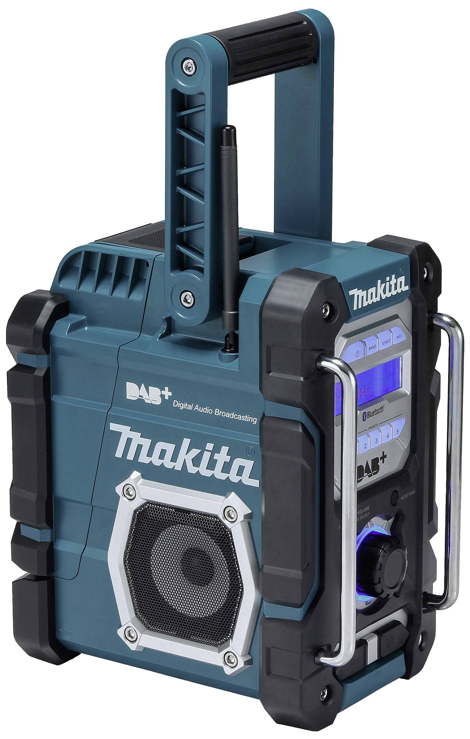 Prijenosni, tirkizni radio za gradilište sa stabilnim kućištem, ručkom i kontrolnim elementima sprijeda.