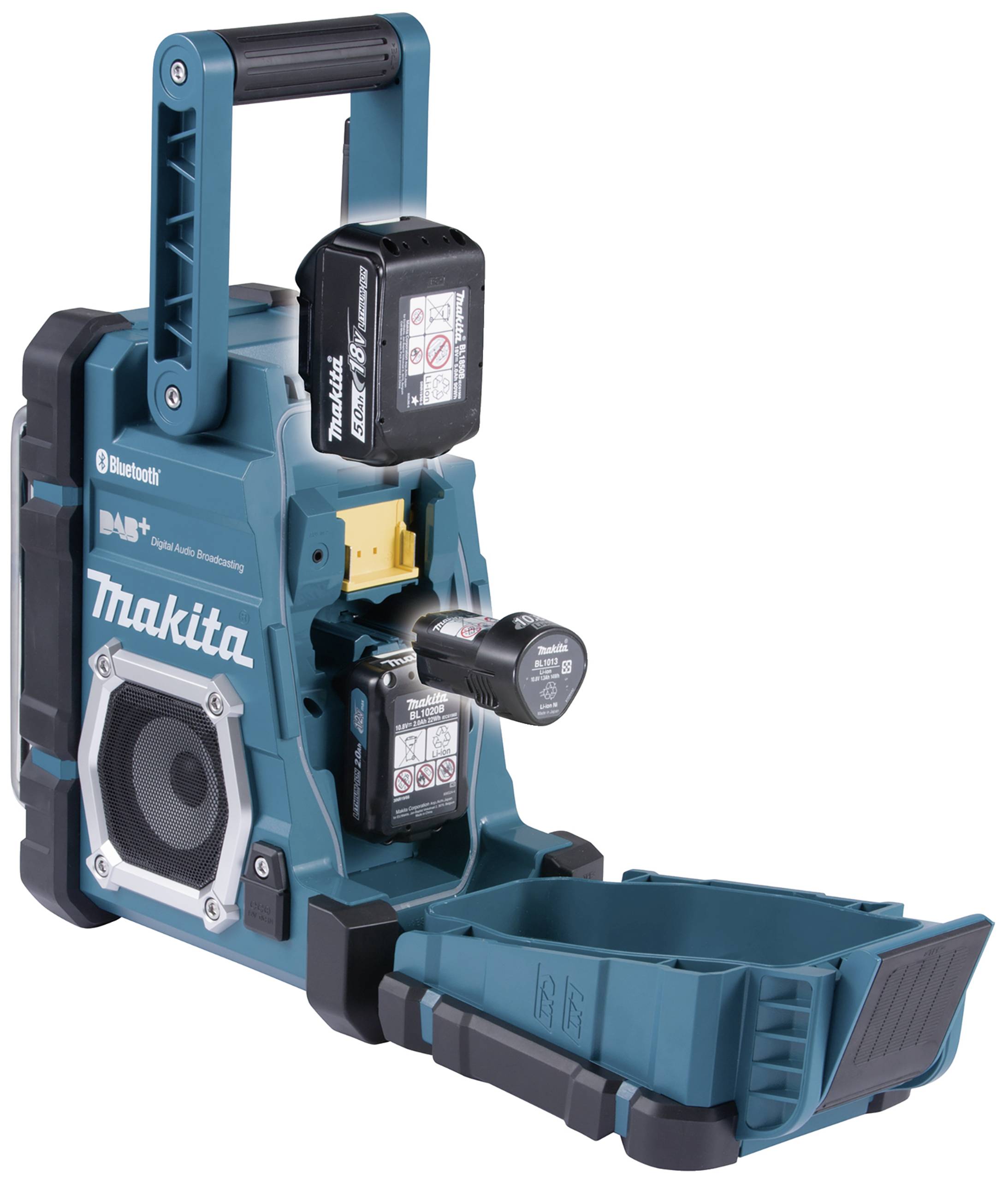 Makita gradilišni radio u tirkiznoj boji s mogućnošću napajanja baterijom, zvučnikom i Bluetooth logotipom, pogodan za upotrebu na gradilištima.