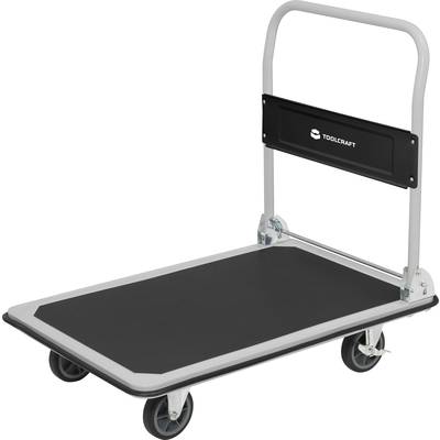 Transportni voziček s četiri kotača i sklopivom ručkom na sivoj platformi. Pogodan za prijenos teških tereta.