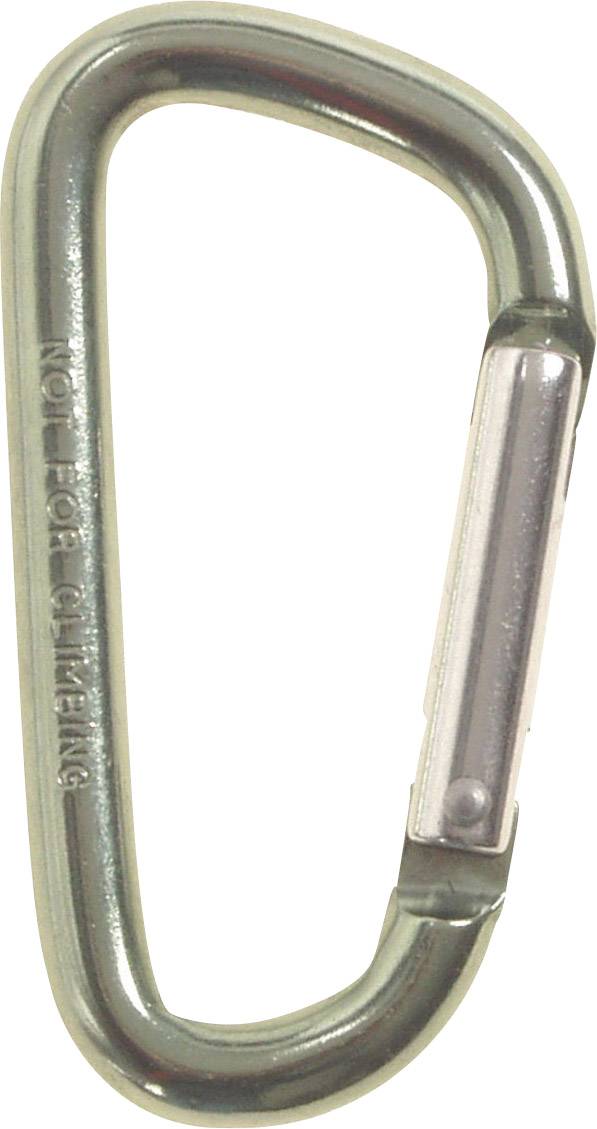 Srebrni karabiner ovalnog dizajna s oprugastom kopčom, sa strane otisnuta natpisom 'NOT FOR CLIMBING'.