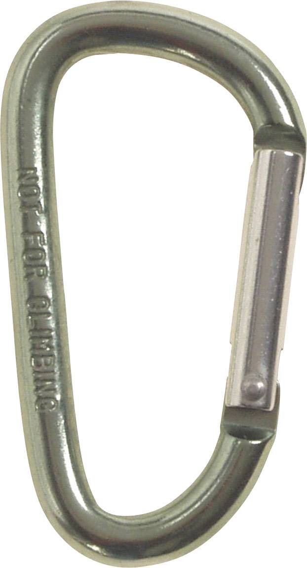Srebrni karabiner s urezom 'NOT FOR CLIMBING', koji nije prikladan za penjanje, upozorava na sigurnost.
