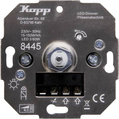 'Kopp LED-Dimmer' s faznom rezom, 230V, 15-150W. Prikazani su priključci i tehnički detalji.