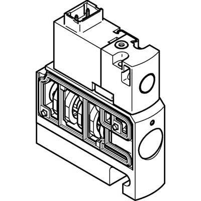 Tehnički nacrt električnog komponenta, vjerojatno releja ili sklopke, s više priključaka i elemenata kućišta.