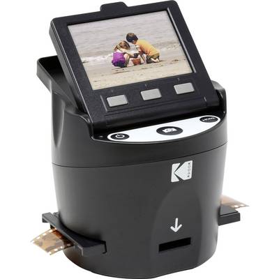 Crno-bijeli foto-printer s zaslonom na kojem se prikazuje fotografija dvoje djece na plaži. Sa strane viri filmski traka.