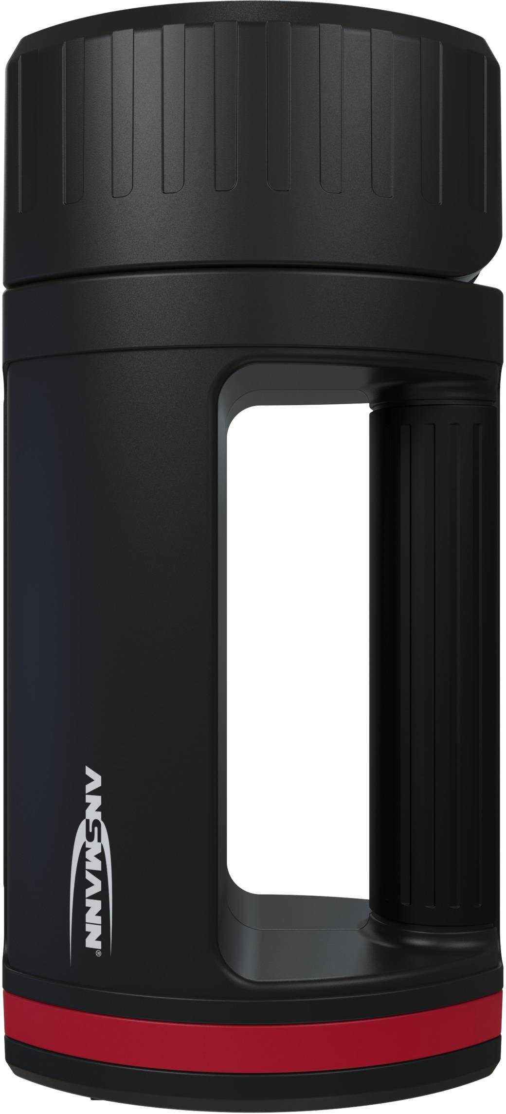 Crni, cilindričan putni šalica s crvenom prugom i logotipom, uspravna s ručkom na desnoj strani.