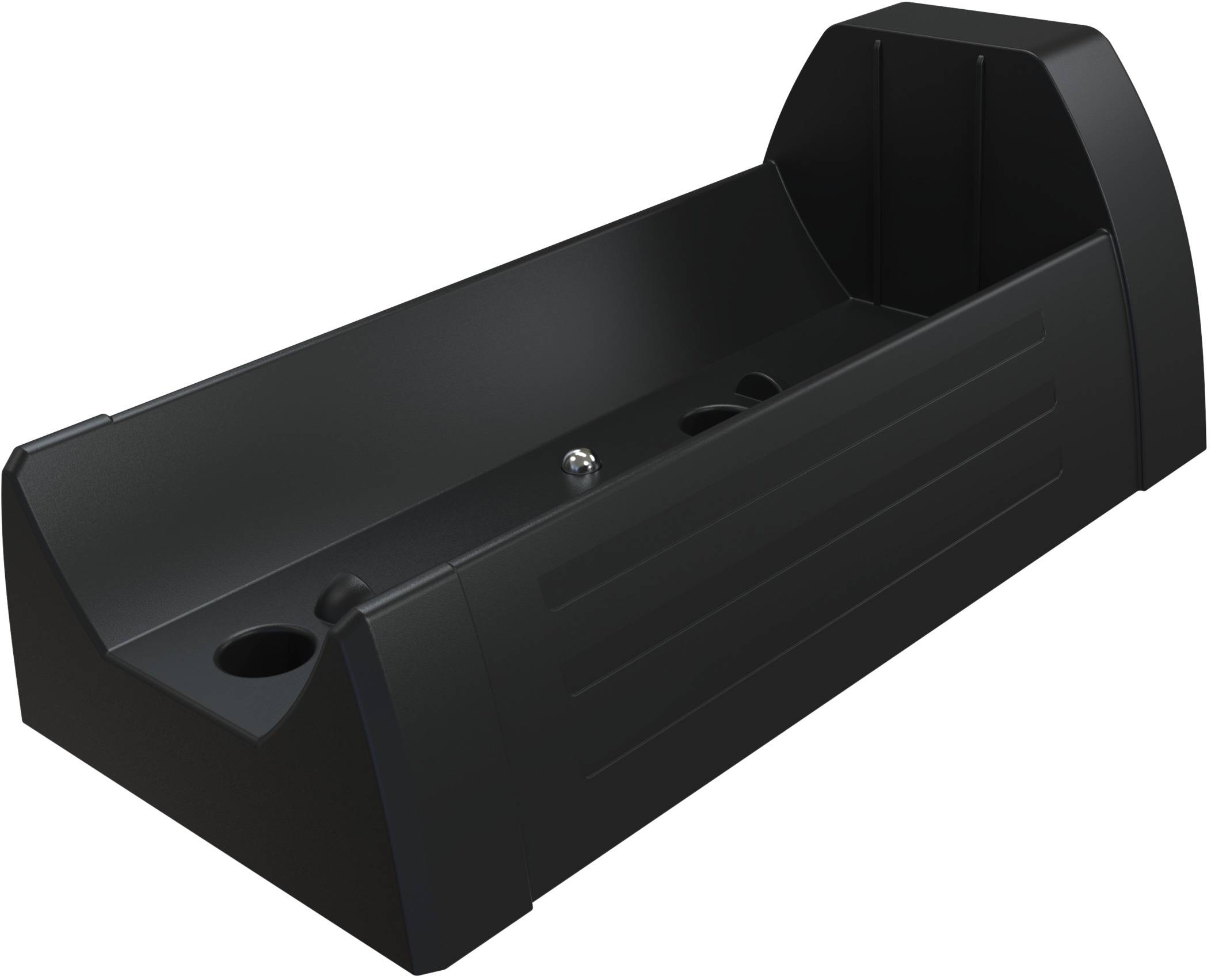 Crna plastična nosač s otvorima sa strane, vjerojatno pogodan za punjenje ili čuvanje uređaja.