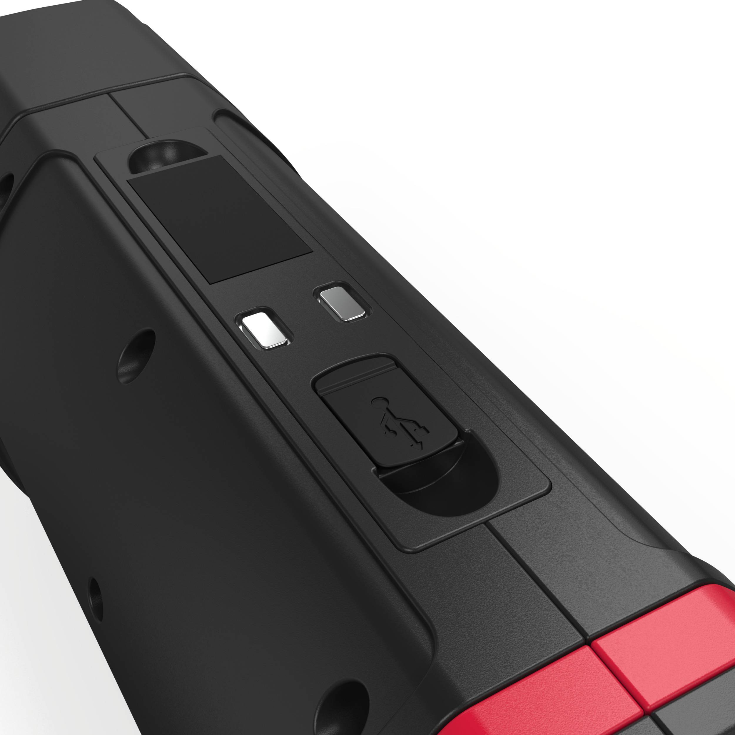 Crno-crveni ručni uređaj tankog dizajna s tipkama i priključcima na boku. Naglasak na upravljačkim elementima i teksturi.