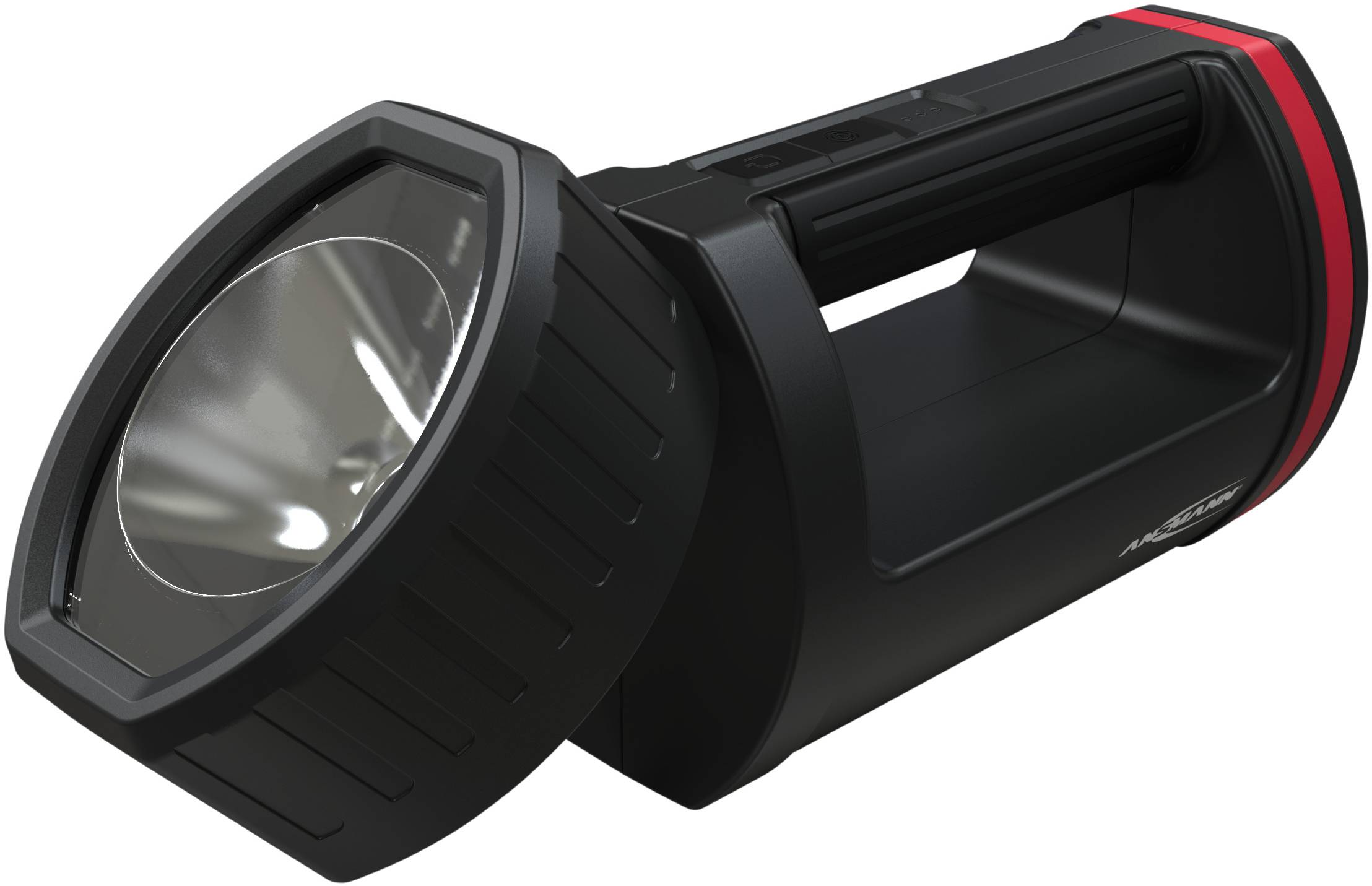 Crna baterijska lampa s velikim, reflektirajućim reflektorom i ergonomskom ručkom na bijeloj pozadini.