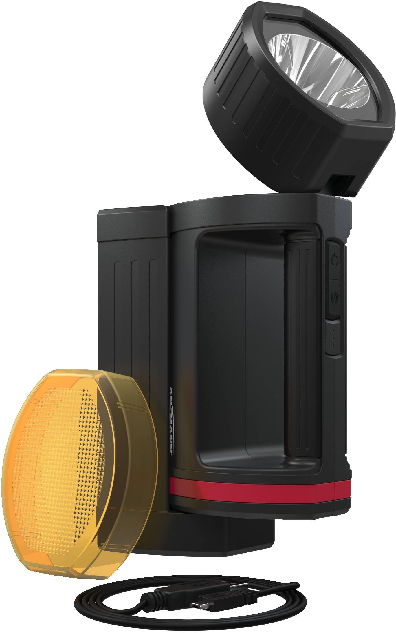 Slika prikazuje crnu i crvenu ručnu lampu s uklonjivim žutim filterom i USB-kabelom za punjenje.