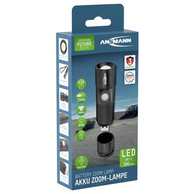 Baterijska zoom LED lampica Ansmann, 300 lumena, trajanje baterije do 5,5 sati, s USB punjačem i vodootpornim kućištem. Pogodna za aktivnosti na otvorenom.