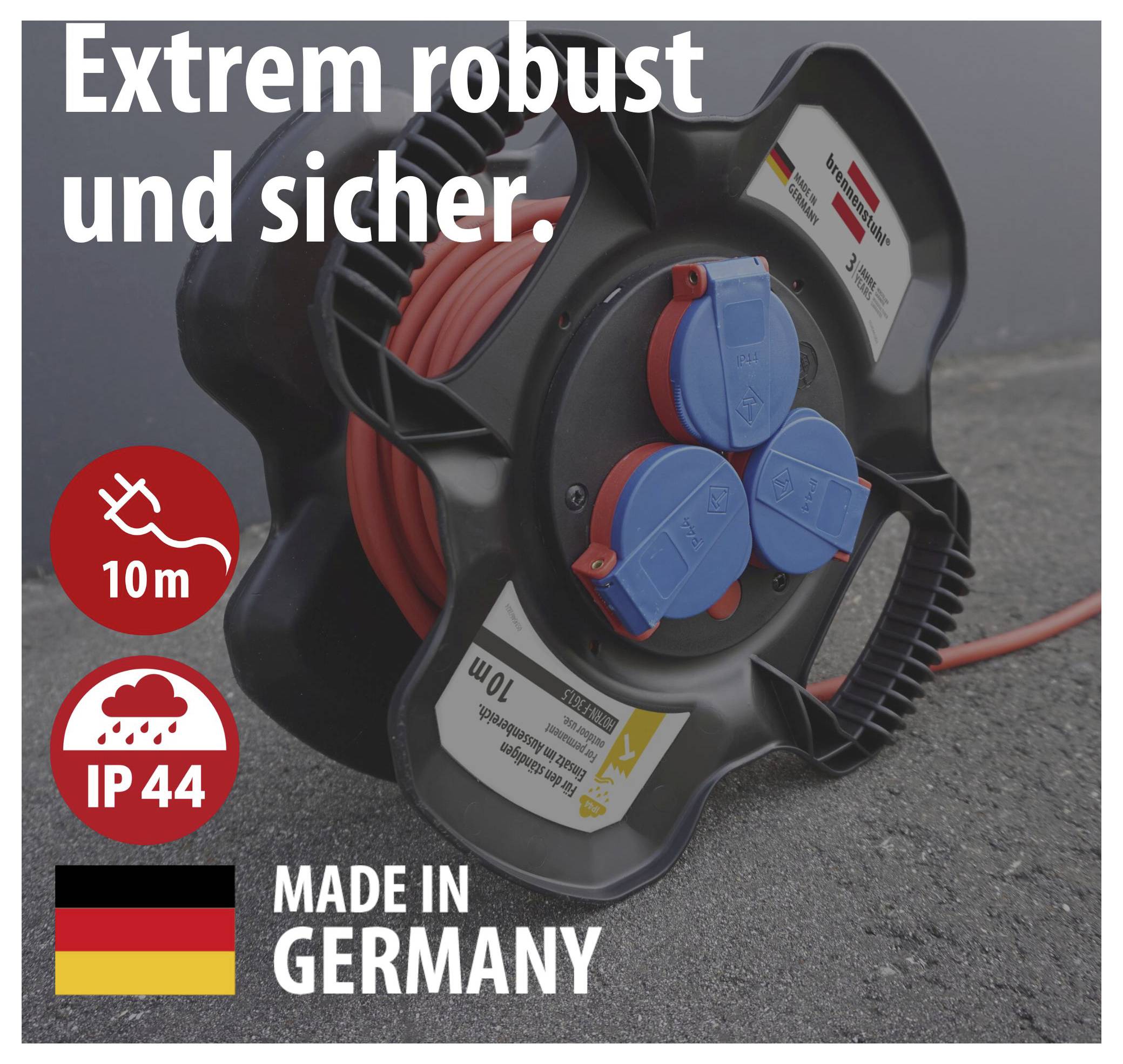 Robusan razdelnik s kabelskom bobicom od 10 m, IP44 i „Made in Germany"; Tekst: "Izuzetno robustan i siguran."