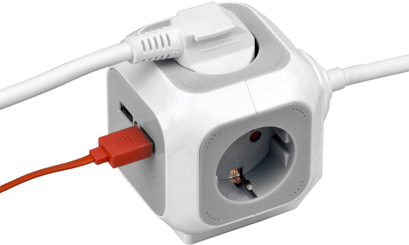 Višestruka utičnica u obliku kocke s više utičnih mjesta i USB priključkom, dva kabela su uključena.