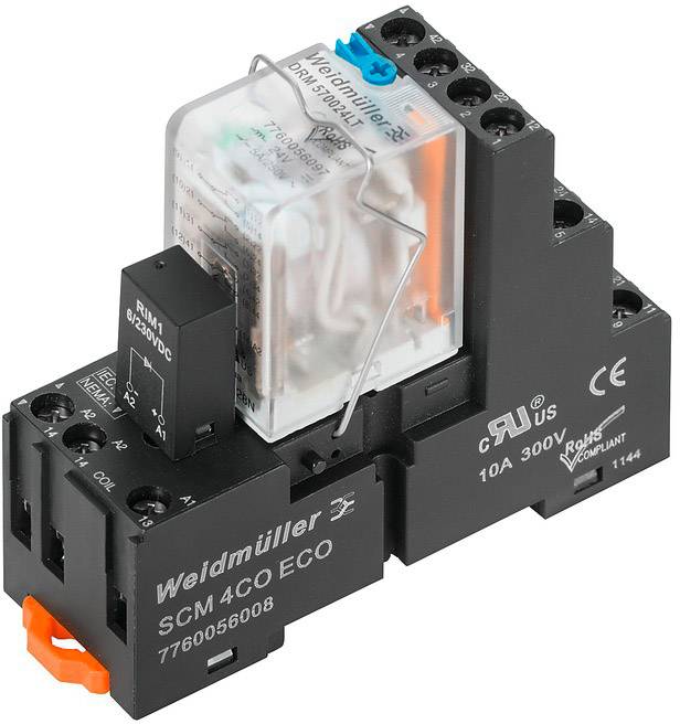 Crno električno relej marke Weidmüller s natpisom 'SCM 4CO ECO'. Prikladan za 10A, 300V.
