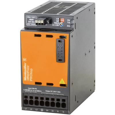 Istosmjerna napajanja 'PROtop' tvrtke Weidmüller, 480W, 24V, idealna za industrijske primjene. Prikazuje priključke i ventilacijske otvore.