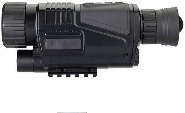 Uređaj za noćni vid u crnoj boji, prikazan sa strane, s vidljivim okularom i objektivom.