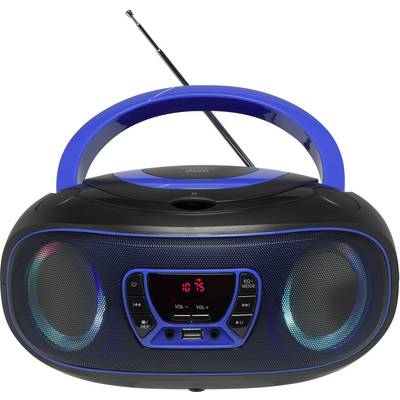 Prijenosni radio s plavim rubom i teleskopskom antenom. Ima crveni LED zaslon i upravljačke tipke.