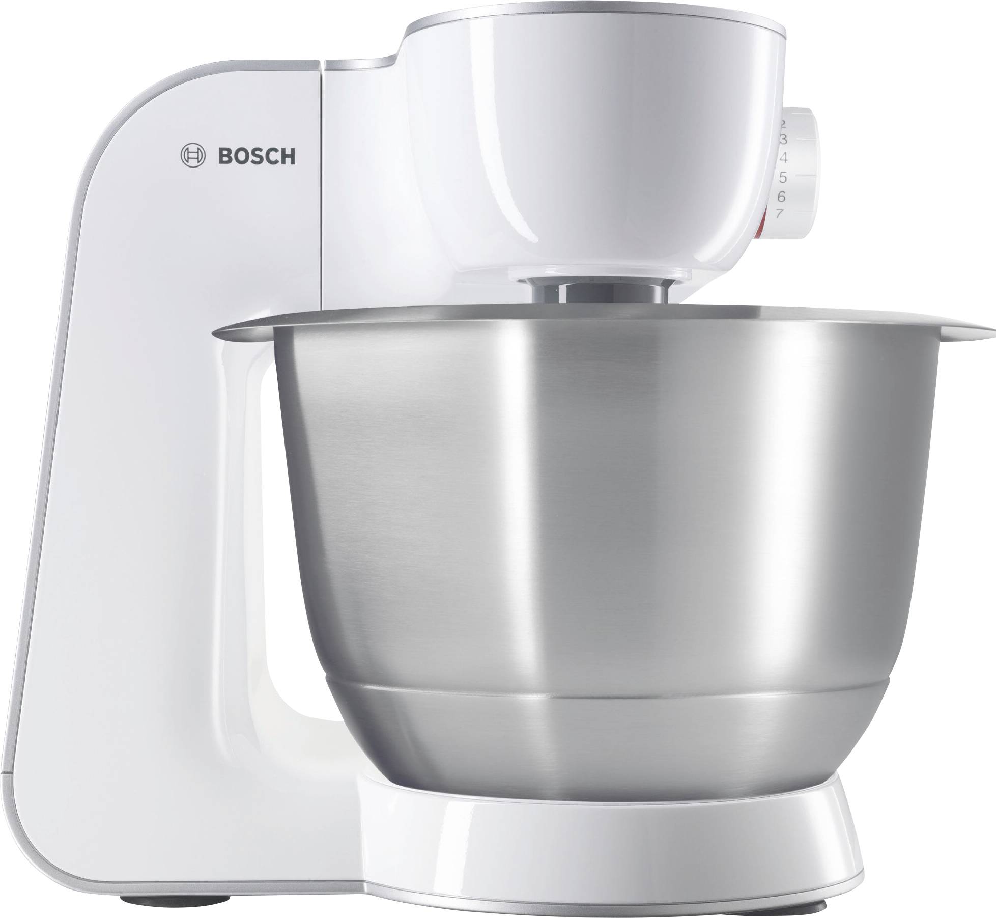 Kuhinjski robot Bosch sa srebrnom posudom za miješanje i bijelim kućištem, pogodan za raznovrsne pripreme tijesta.