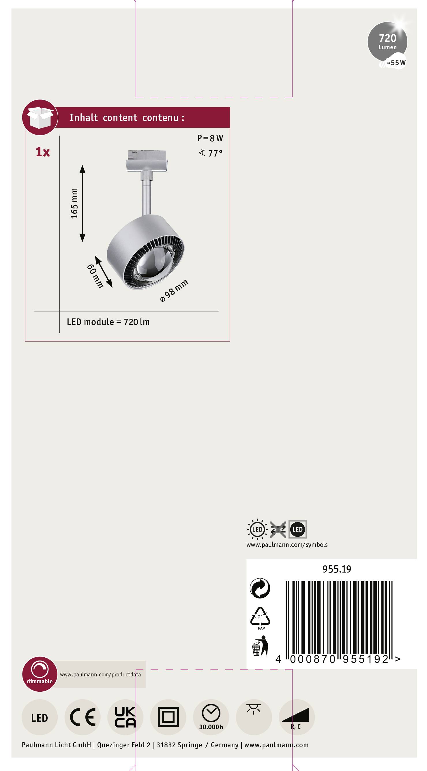 Viseći LED reflktor sa modulom od 720 lm, 8 W, kut osvjetljenja 77°. Sadrži sigurnosni znak i barkod pri dnu.