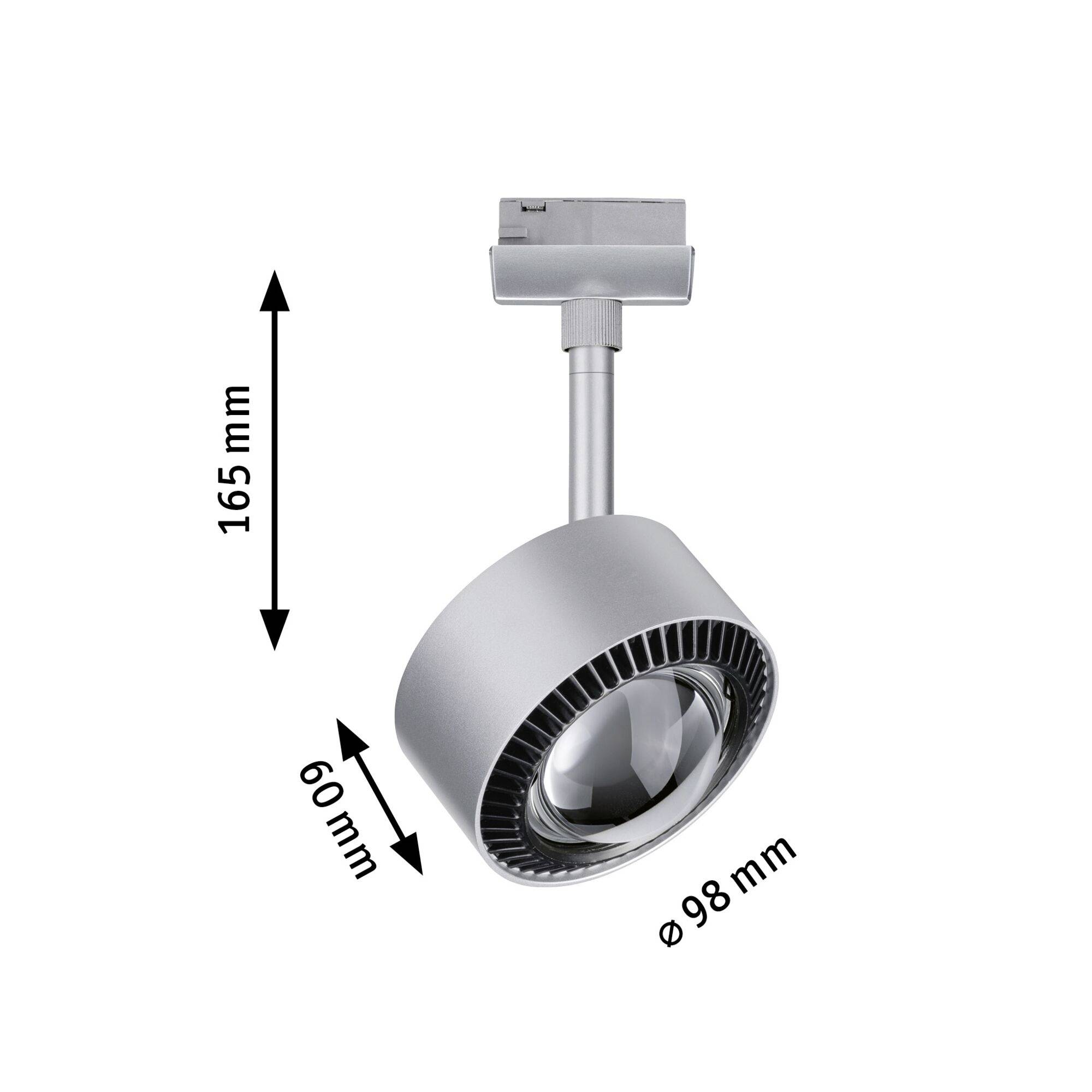 Srebrna LED stropna svjetiljka s podesivom glavom, visine 165 mm, promjera 98 mm. Strelice pokazuju mjere lampe.