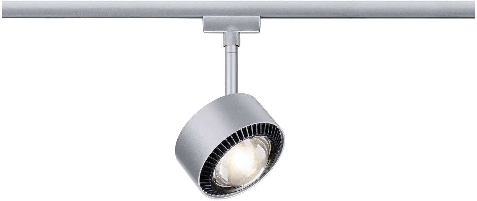 Srebrna tračna LED lampa s okruglom glavom koja svijetli prema dolje. Pogodna za usmjereno osvjetljenje u modernim interijernima.