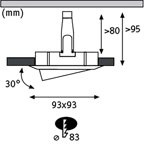 Tehnički nacrt ugradbene svjetiljke s dimenzijama: 93x93 mm, promjer provrta 83 mm, kut nagiba 30 stupnjeva, dubina ugradnje preko 95 mm.