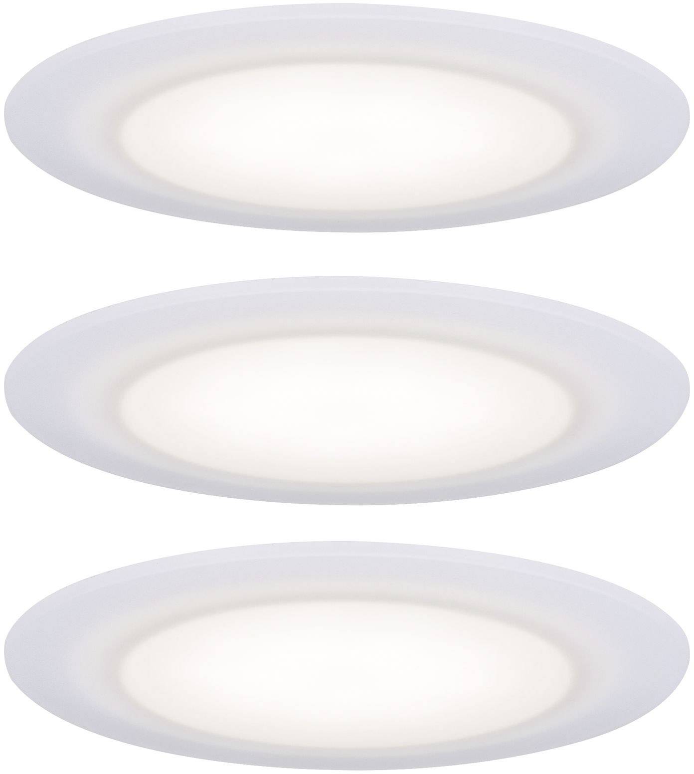 Tri okrugla, bijela LED ugradbena stropna reflektora u vertikalnom nizu na bijeloj pozadini. Sve lampe svijetle jednako intenzivno.