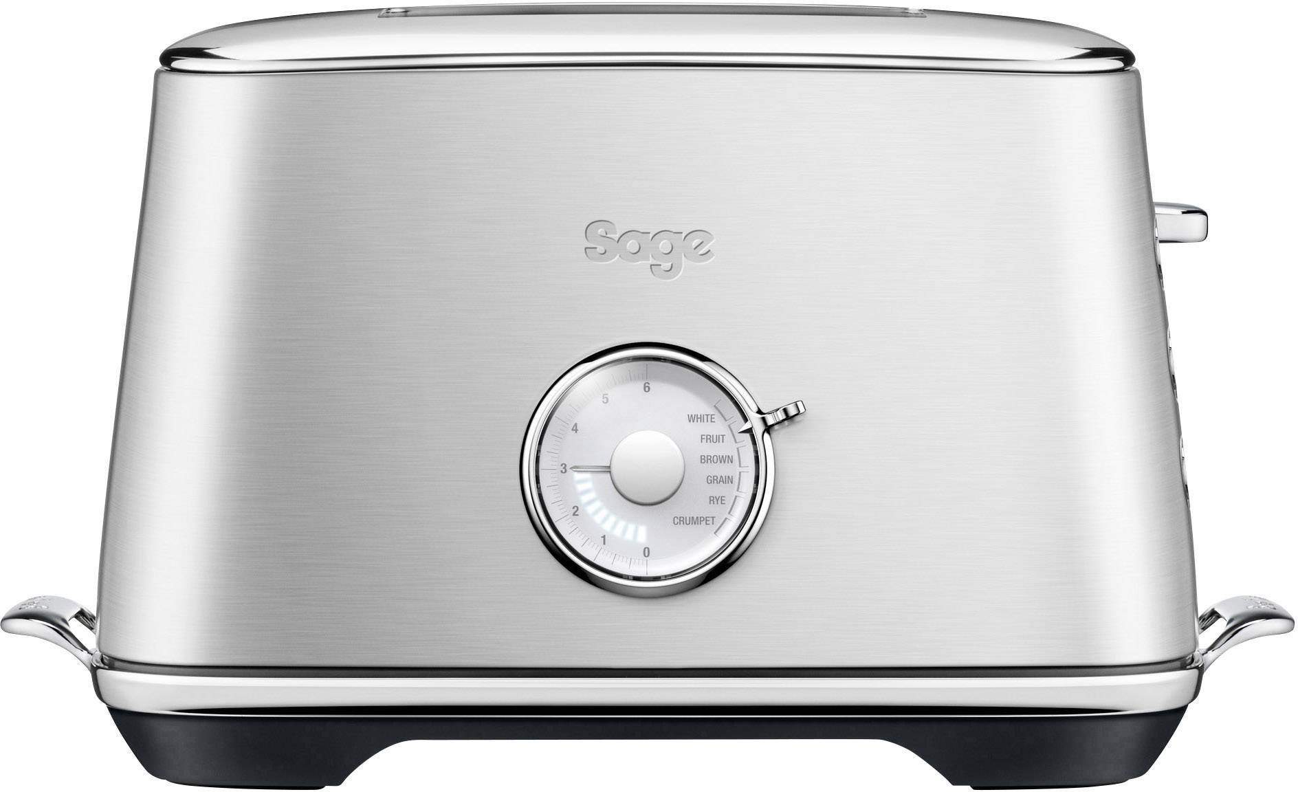 Srebrni toster sa straničnom rotacijskom kontrolom i natpisom 'Sage'. Kontrola pokazuje vrste kruha i stupnjeve pečenja.