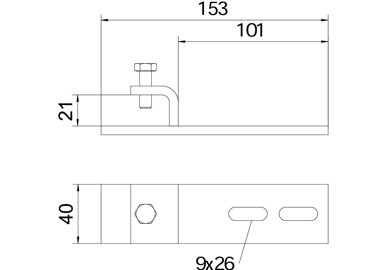 Tehnički nacrt metalnog kutnika. Dimenzije: 153x40x21 mm. Veličina provrta za pričvršćivanje: 9x26 mm. Vijčani spoj jasno vidljiv.