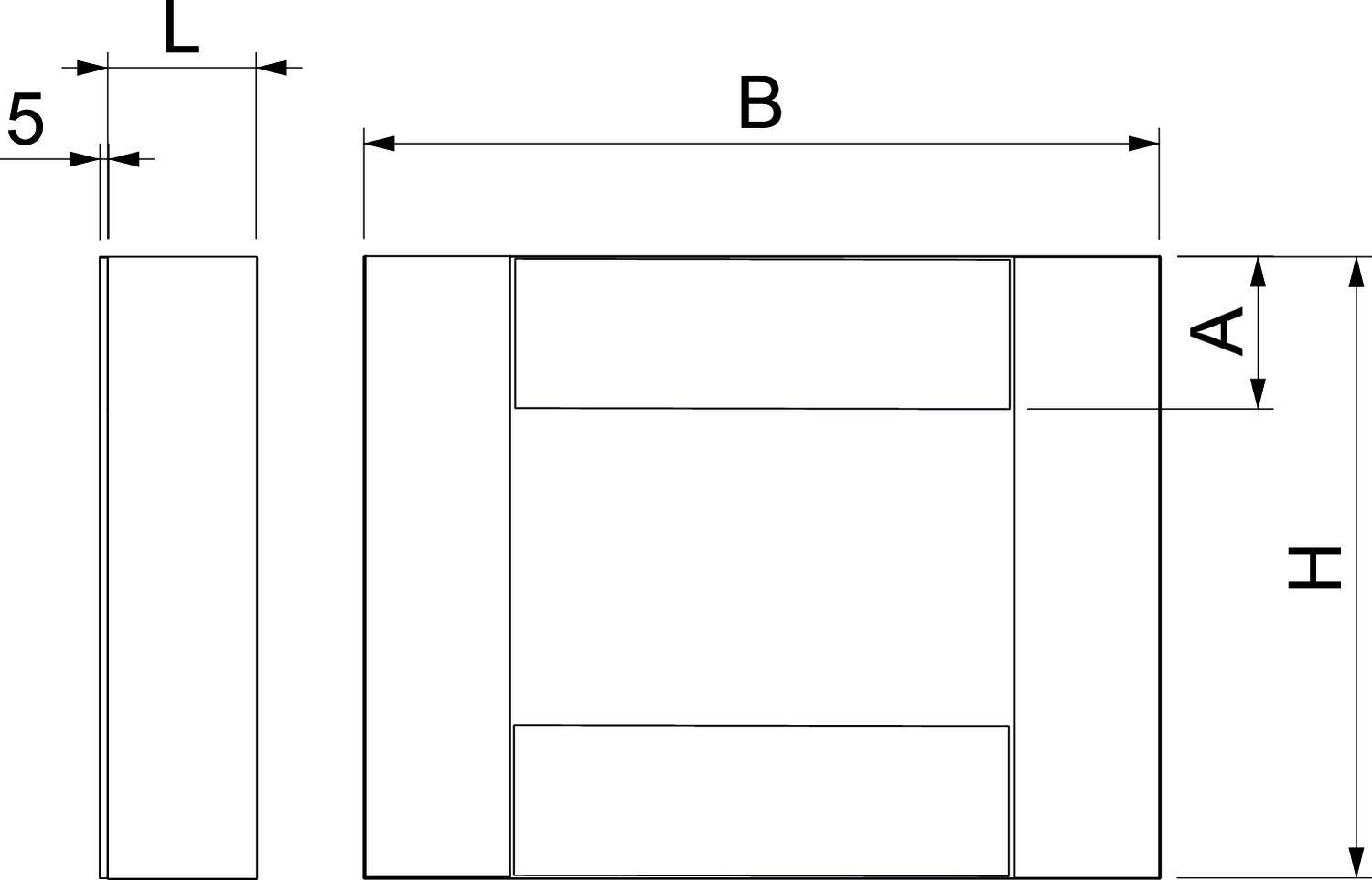 Tehnički nacrt pravokutnog dijela s dimenzijama D, Š, V, A i debljinom od 5 mm na lijevom pogledu.