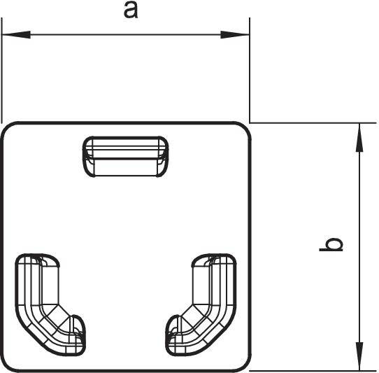 Crtež kvadratnog predmeta sa zaobljenim kutovima i dimenzijama 'a' i 'b' uz stranice, bez dodatnih detalja.