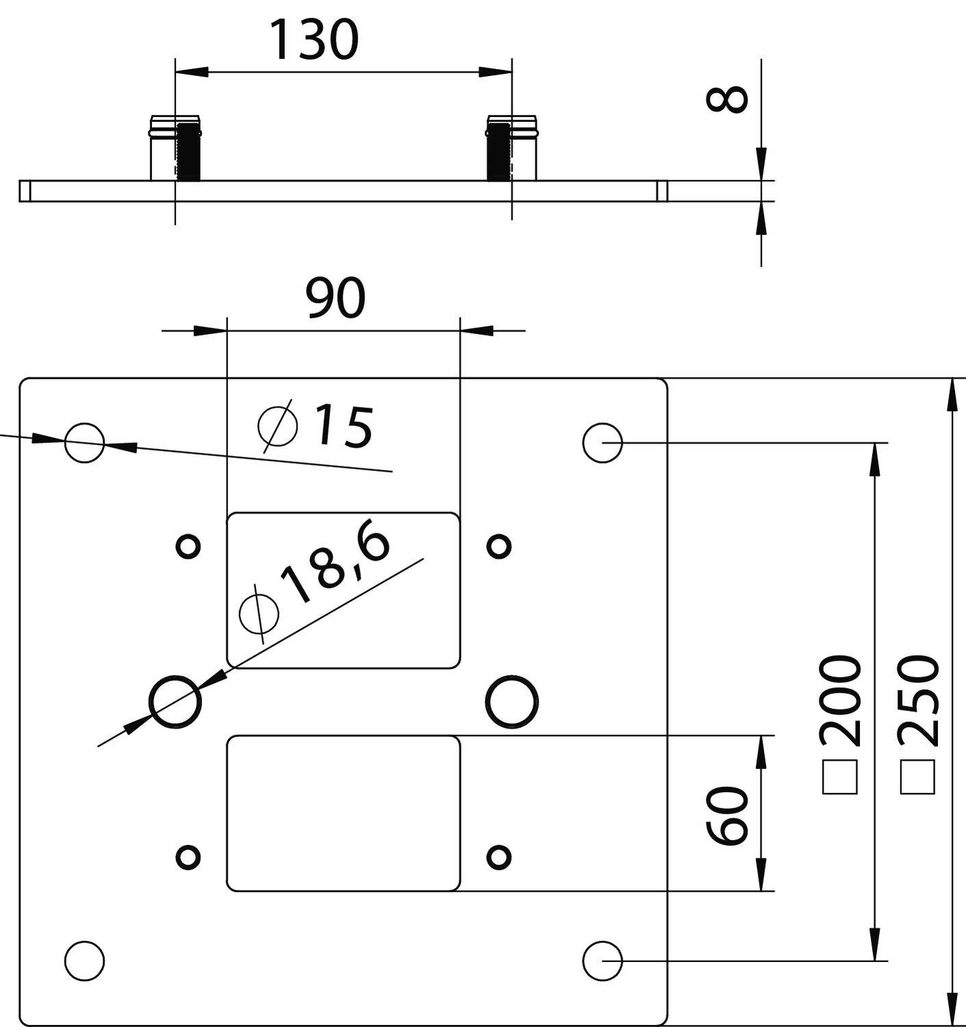 Tehnički nacrt metalne ploče s različitim provrtima i dimenzijama. Gore pogled sa strane, dolje pogled odozgo. Dimenzije: 130x90 mm, rupe Ø15 mm i Ø18,6 mm.