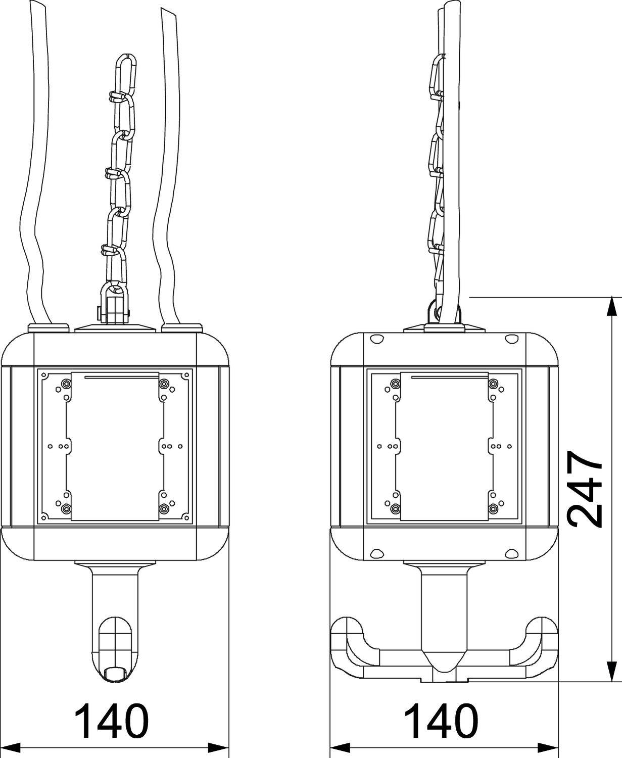 Tehnički nacrt pravokutnog elementa s lancima. Dimenzije: 140 mm širine, 247 mm visine. Pogled sprijeda i sa strane.